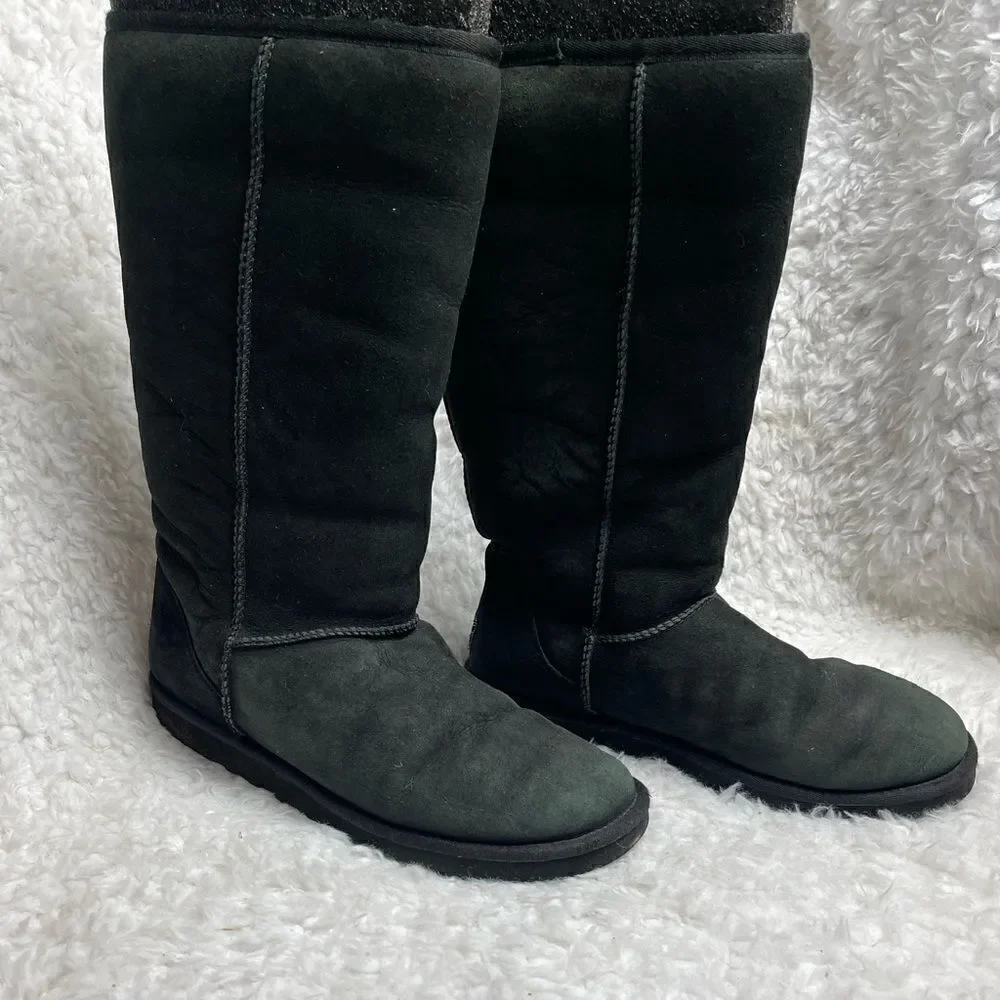 UGG Australia leather black classic tall boots sheepskin shearling lining SZ9